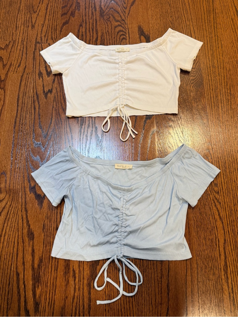 Women’s Ruched Front Off-Shoulder Crop Tops - White / Light Blue - you get BOTH!